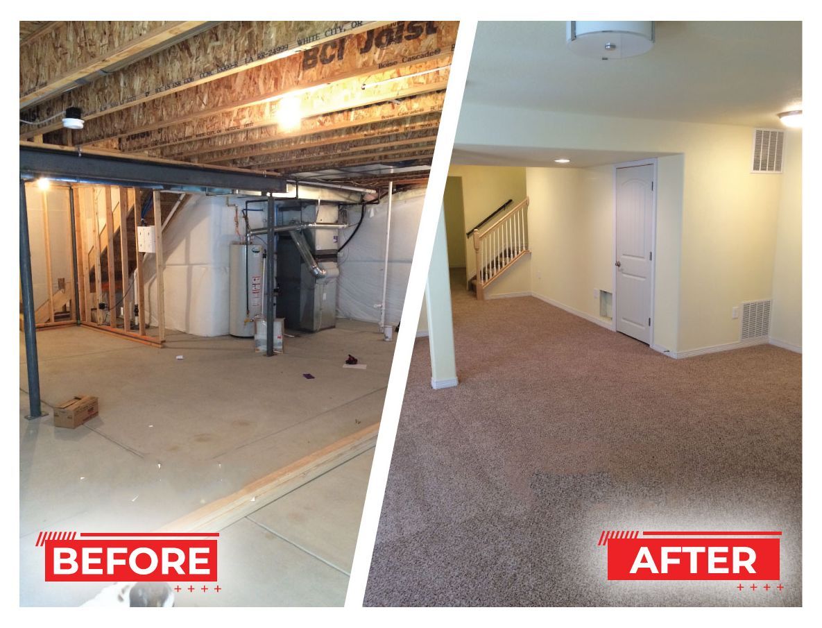 Basement renovation before and after.  Unfinished space transforms to finished room with carpet and painted walls.