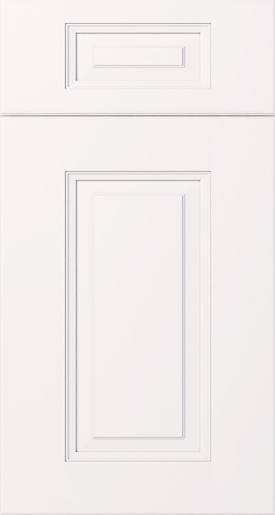 White kitchen cabinet door with rectangular layered panel and top detail.