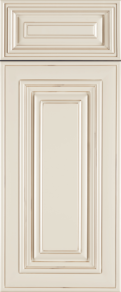 Cream-colored kitchen cabinet door with a raised panel and layered trim detailing.