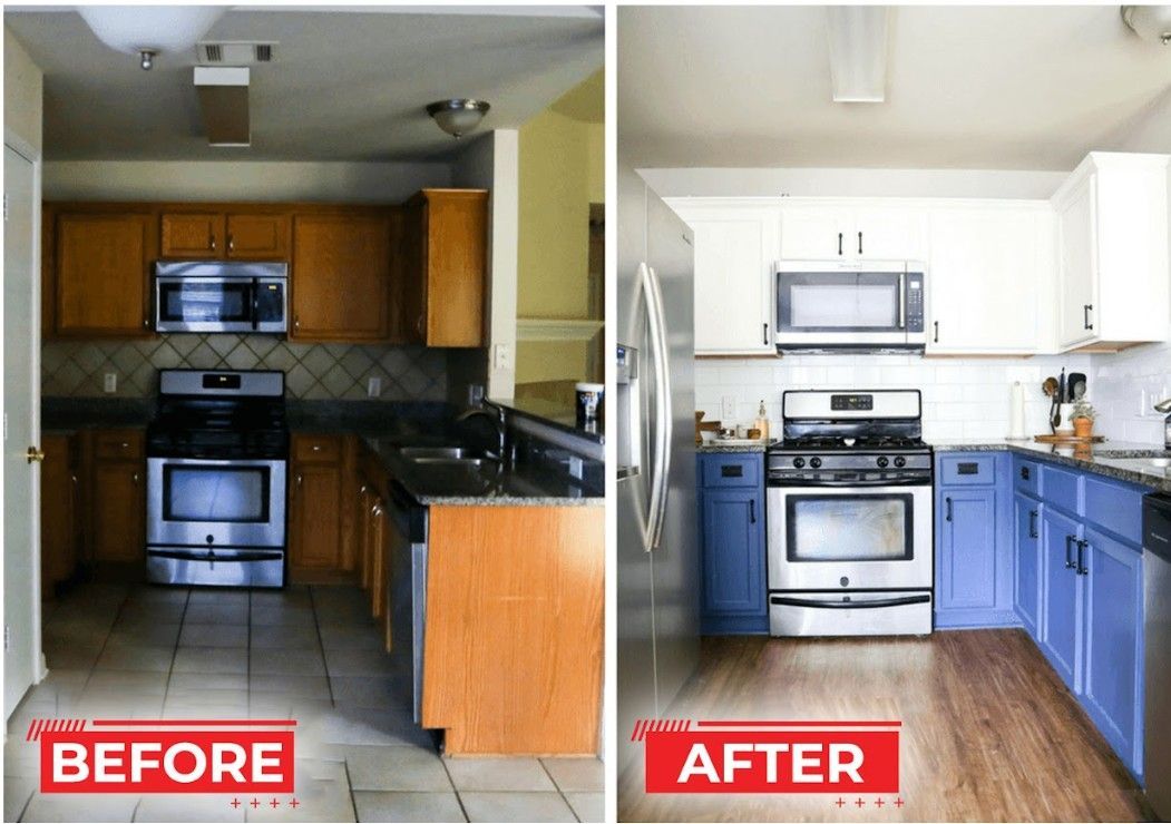 Kitchen renovation: Before and after. Brown cabinets replaced with white uppers and blue lowers. New flooring.