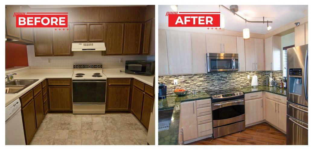 Kitchen renovation before and after: brown cabinets turn white with new backsplash and appliances.