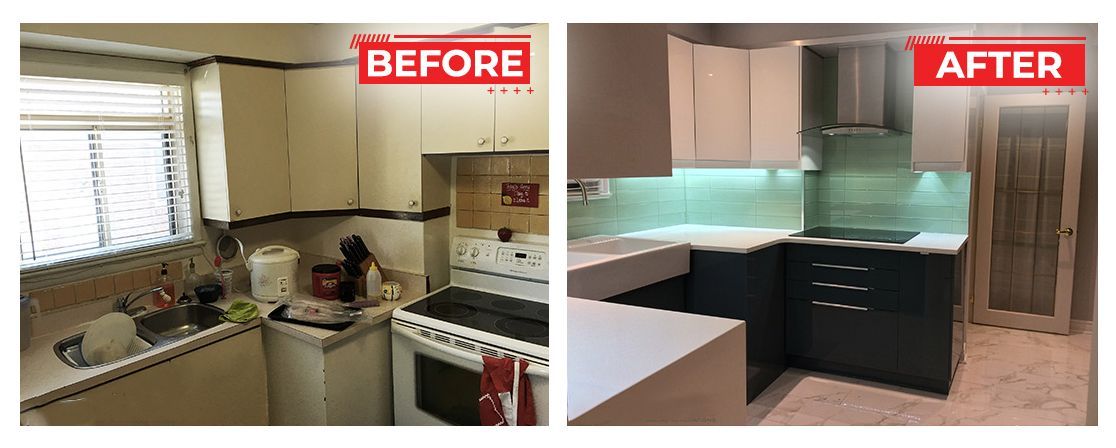 Kitchen remodel before and after. Old, white kitchen replaced with modern black and white.