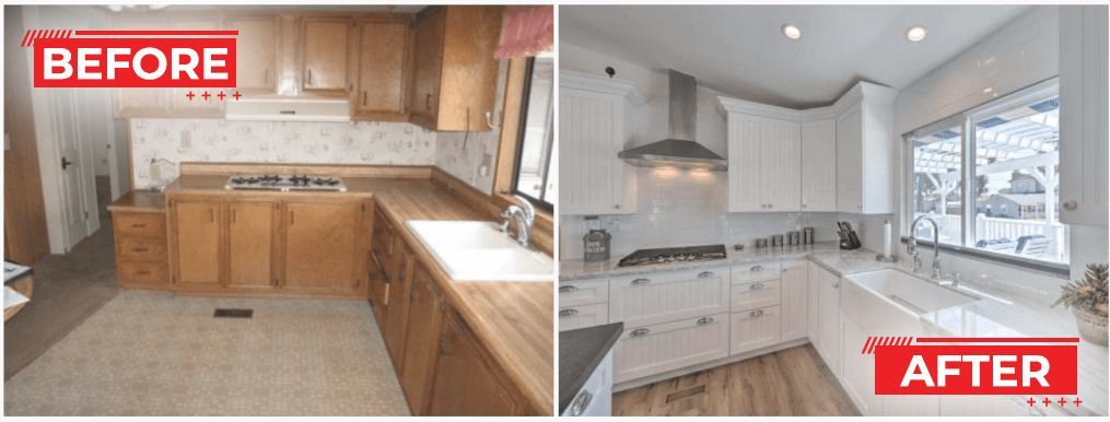 Kitchen renovation comparison: before shows outdated wood cabinets, after is modern white.