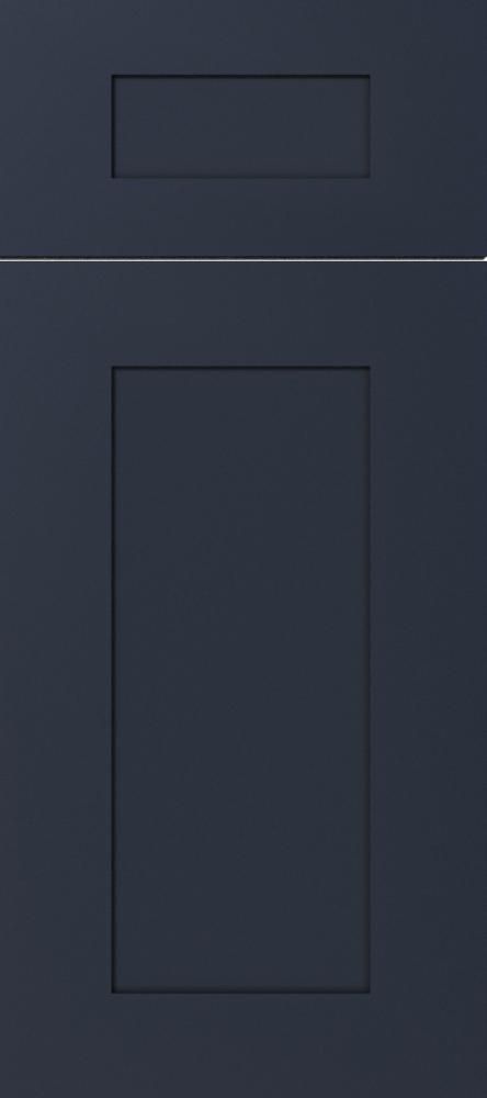 Dark blue cabinet door with a rectangular recessed panel.