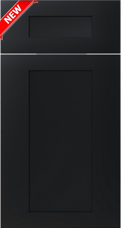 Black kitchen cabinet doors, with a rectangular inset on top and a larger inset on bottom.