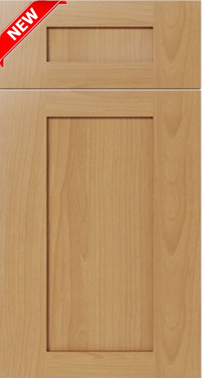 Light wood cabinet door with a rectangular raised panel and a smaller rectangular panel above.