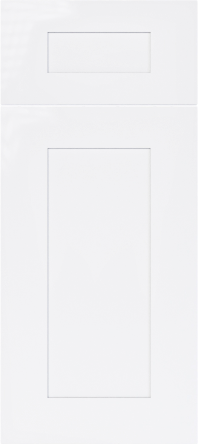 White cabinet door with a rectangular recessed panel and a smaller recessed panel above.