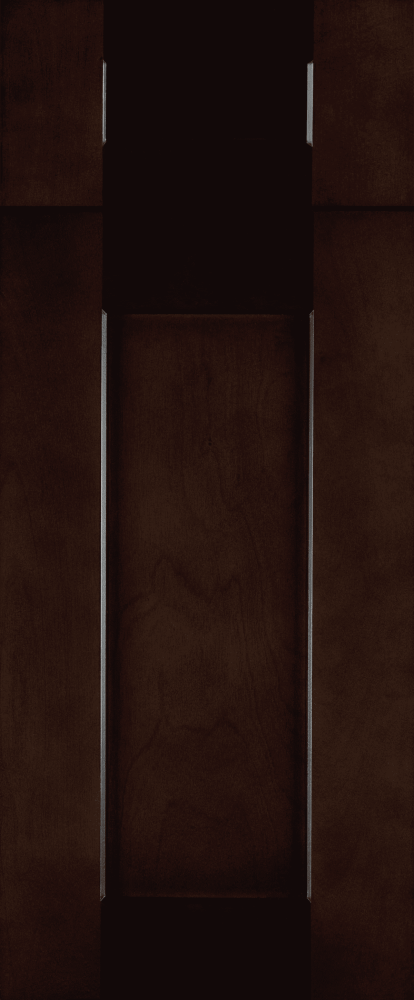 Dark brown cabinet door with recessed panel and silver trim.