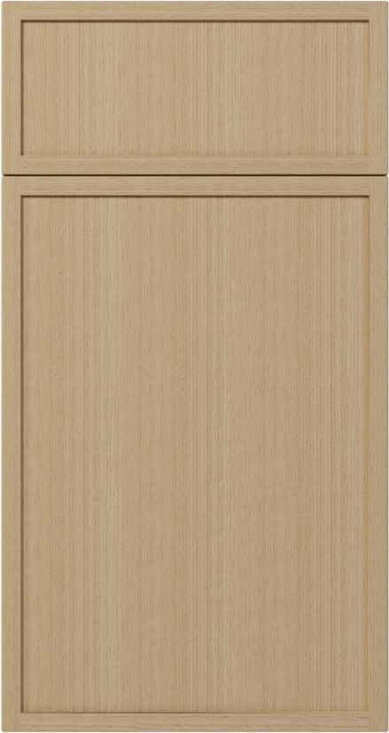 Cabinet door with vertical wood grain panel and frame in a light wood tone.