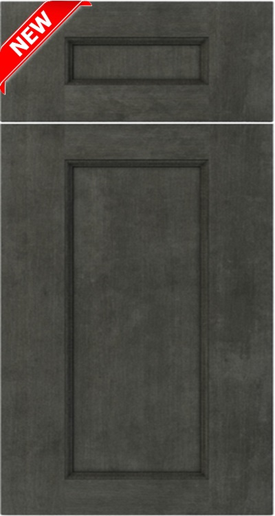 Charcoal-colored kitchen cabinet door with a raised panel. 'NEW' in red, angled banner in top corner.