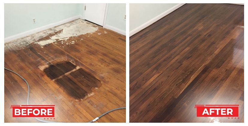 Before and after images of wood flooring: damaged and stained floor before, smooth, refinished floor after.