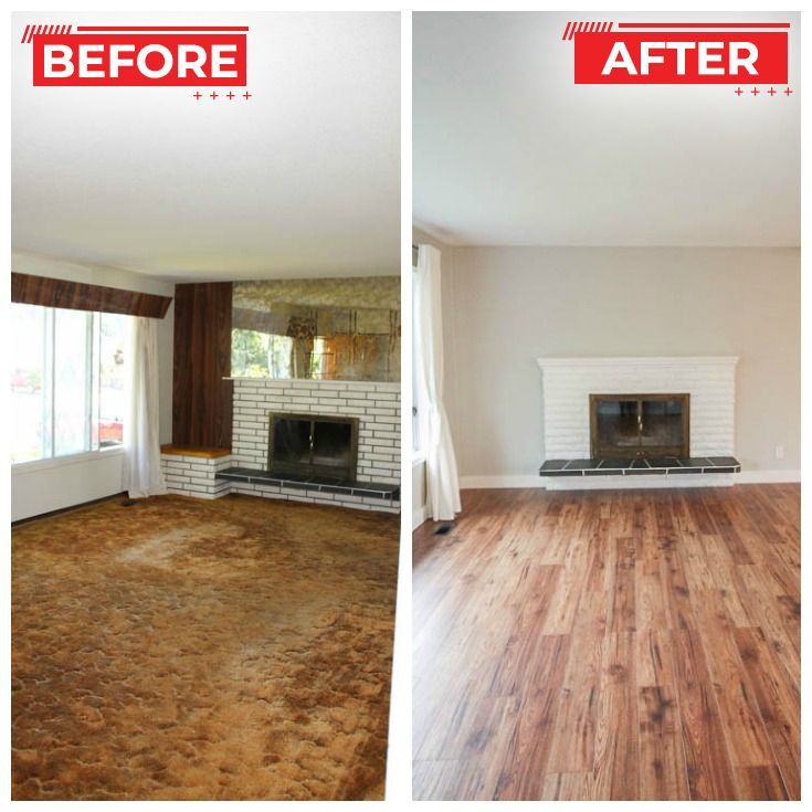 Side-by-side comparison of a living room before and after renovation: old carpet replaced with wood flooring, and fireplace updated.