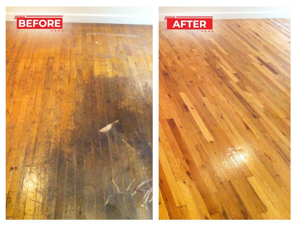 Before and after comparison of hardwood floor cleaning. The