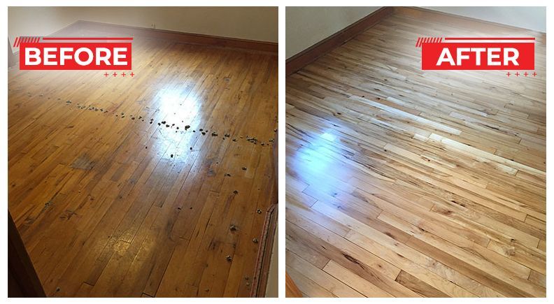 Before and after comparison of a wooden floor. The before shows dirt and damage, while the after shows a clean and shiny finish.