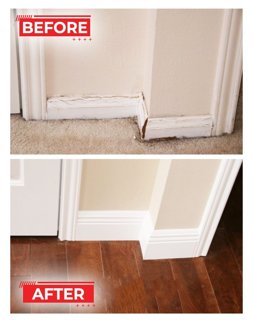Before and after photos showing damaged, painted baseboard replaced with new white baseboard and a different floor.