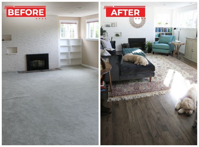Before-and-after of a living room remodel. Old space features carpet, fireplace. New space has wood floors, furniture, and light.