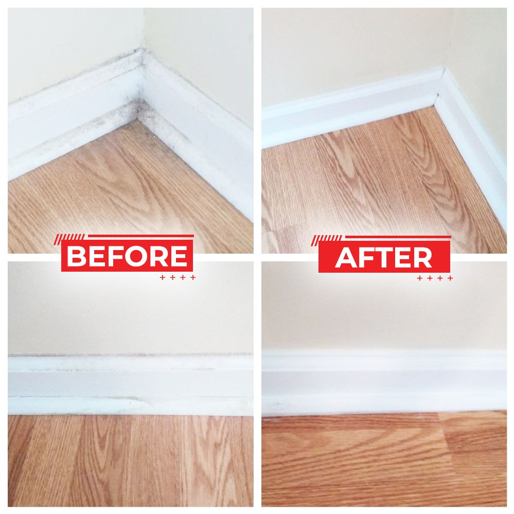Moldy baseboards before and clean baseboards after cleaning, in a room with wood-look flooring and beige walls.