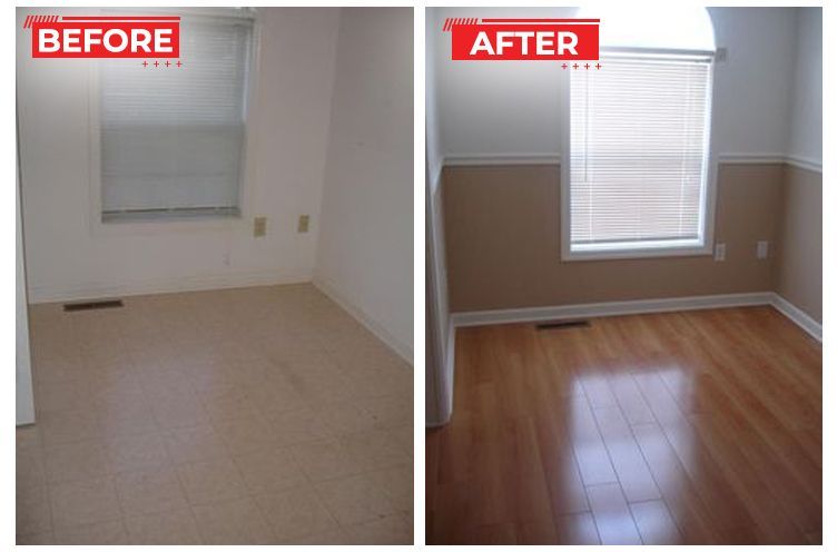 Room renovation comparison: beige carpet to wood floor, tan and white paint, window with blinds.