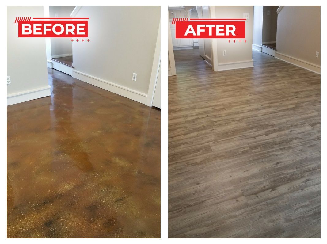 Before and after comparison of floor refinishing, showing a change from shiny gold to matte gray.