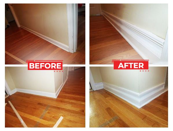 Before and after photos: white baseboard installation on a hardwood floor, cream walls.