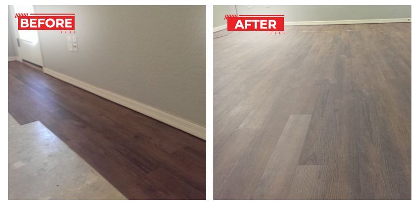Before and after photos of a room with dark wood flooring. The before shows the floor partially installed. The after shows the finished flooring.