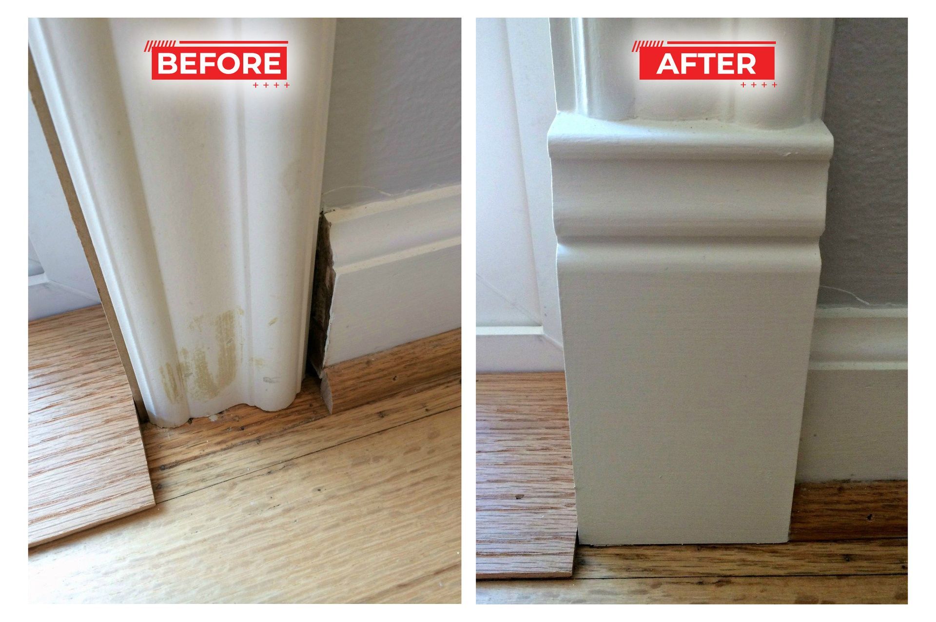 Side-by-side photos of white column before and after repair of damaged base; wood floor, gray wall.