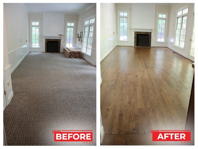 Comparison: Living room with brown carpet (before) and hardwood floor (after). Fireplace, white walls, large windows.