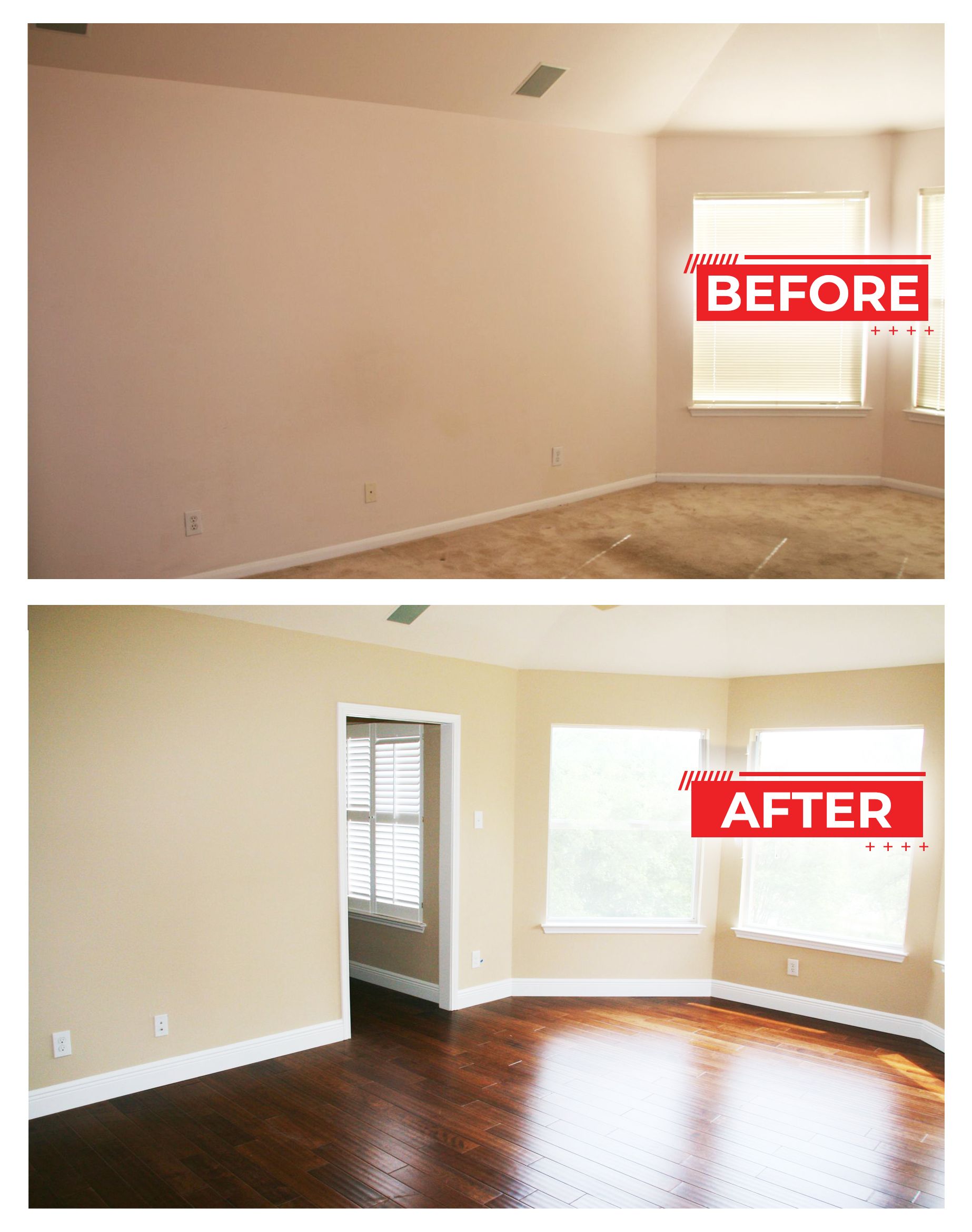 Room renovation before and after: beige walls, new wood floor replaces carpet, and an open doorway.
