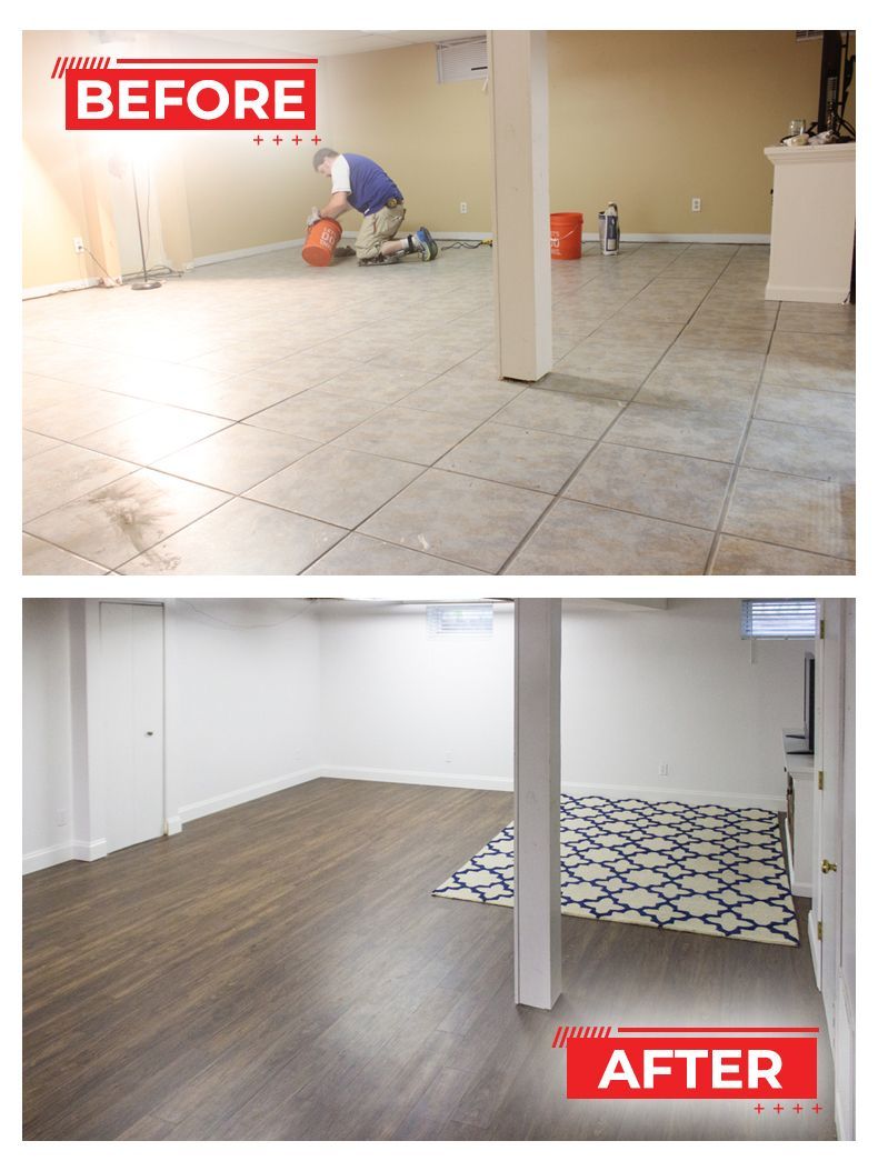 Basement remodel: Before and after. First: man on tiled floor. Second: wood-look floor, rug.