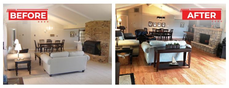 Before and after photos of a living room renovation. The