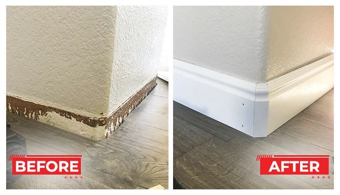 Before and after shots: baseboard replacement on a corner wall, from damaged to newly installed white trim.