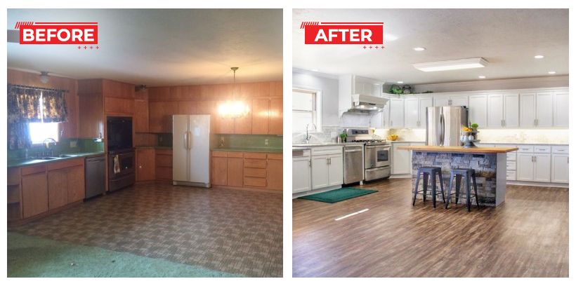 Kitchen remodel: before and after. Old, dark kitchen transformed with light cabinets, island, and new flooring.