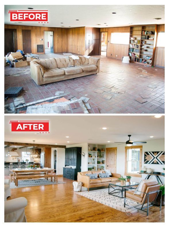 Before and after of a renovated living space: old wood paneling, worn flooring becomes modern with light wood floors, seating, and open kitchen.