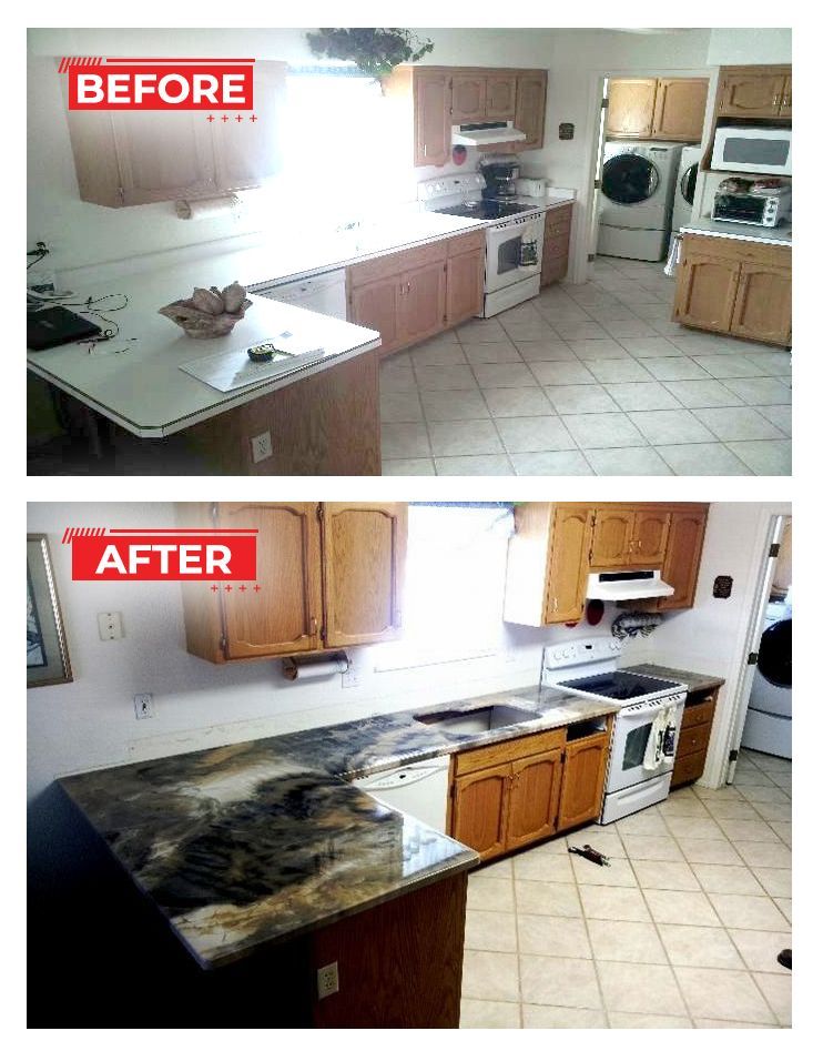 Side-by-side kitchen remodel comparison. Before: light wood cabinets, white countertop. After: dark countertop.