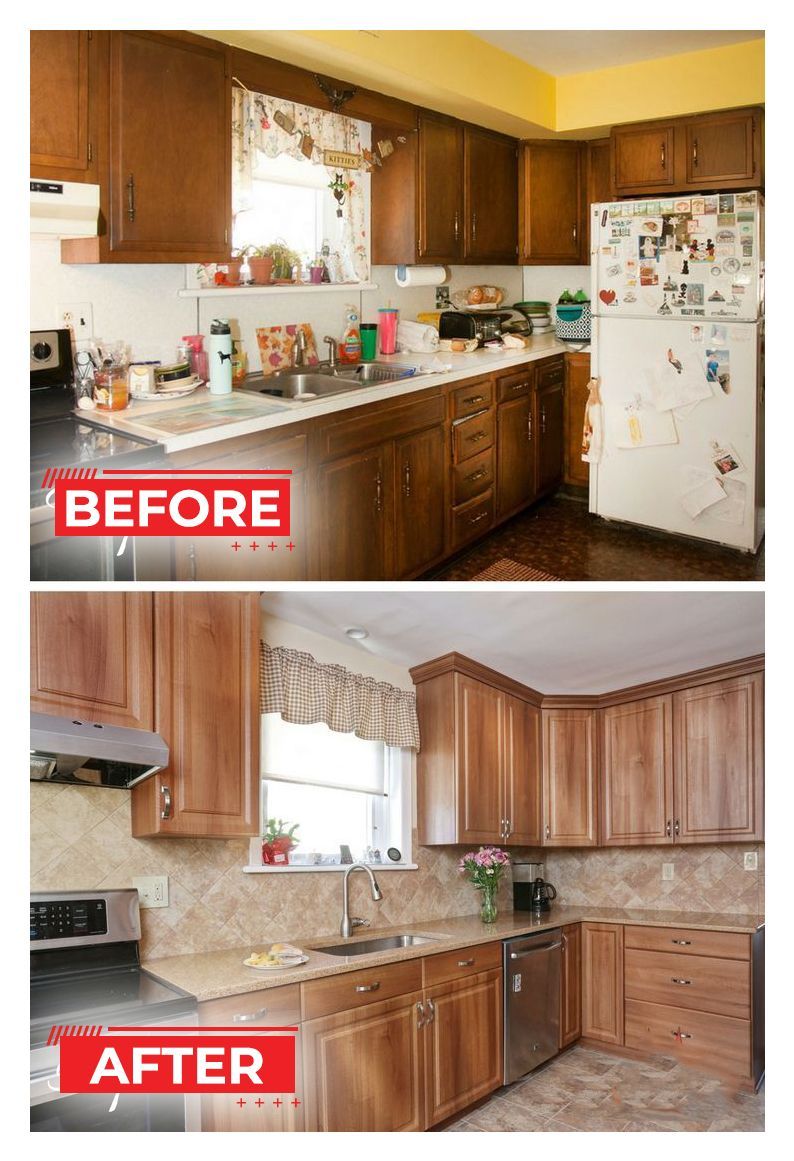 Side-by-side kitchen remodel: Before, dark wood cabinets; After, light wood cabinets, new countertop, and appliances.