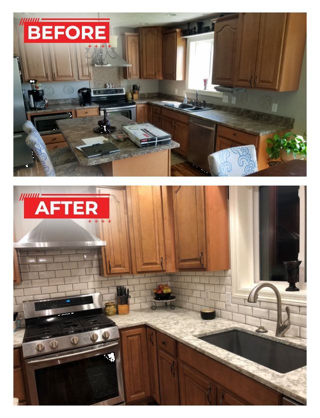 Kitchen renovation before and after. Before: light wood cabinets, dark countertops. After: new backsplash, countertops, sink, and range.