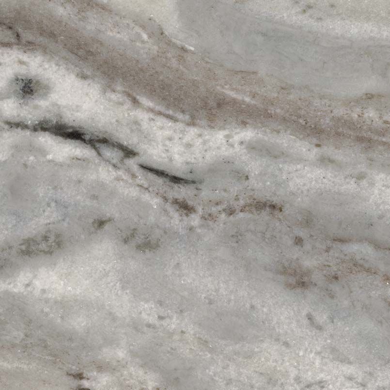White and gray marble with dark brown and black veining.