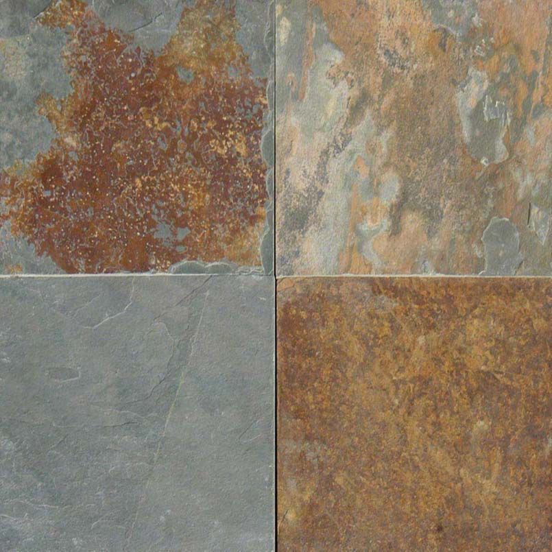 Four square slate tiles, varying rust and gray colors, forming a textured pattern.