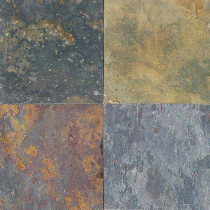 Four square stone tiles with mottled textures in green, blue, brown, and rust colors.
