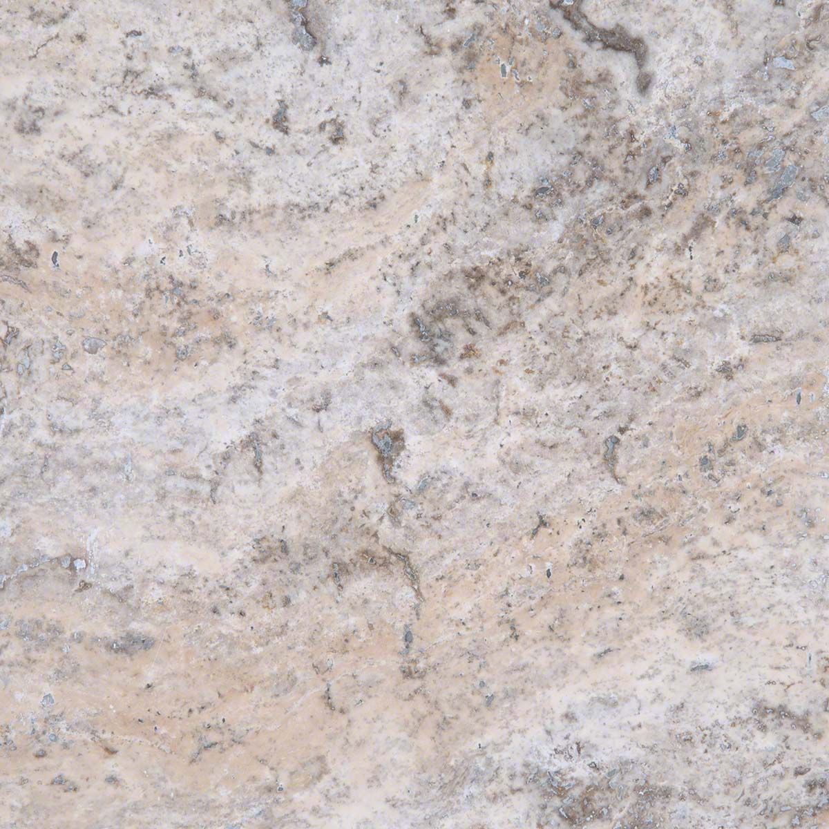 Close-up of beige and gray travertine stone surface.