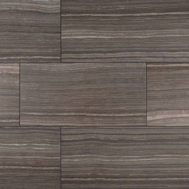 Gray and brown wood-look rectangular tiles arranged in a staggered pattern.