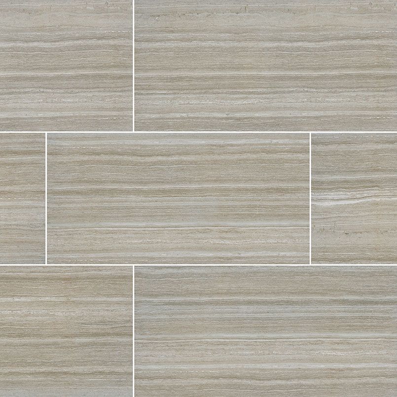 Light beige rectangular tiles with horizontal wood grain pattern and white grout lines.