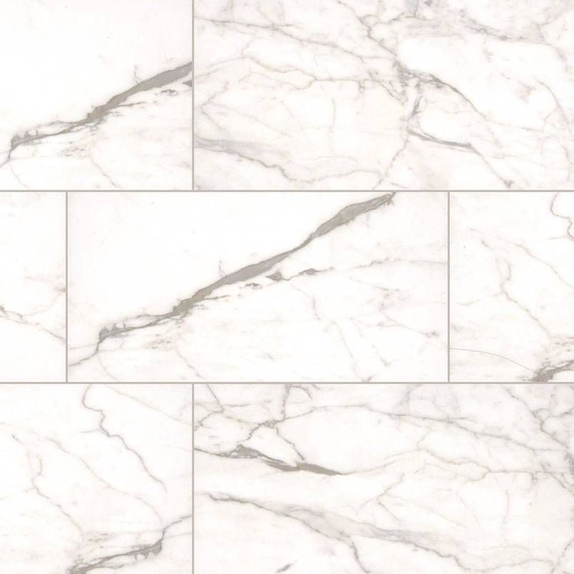 White marble-look tile with gray veining, arranged in a brick pattern.