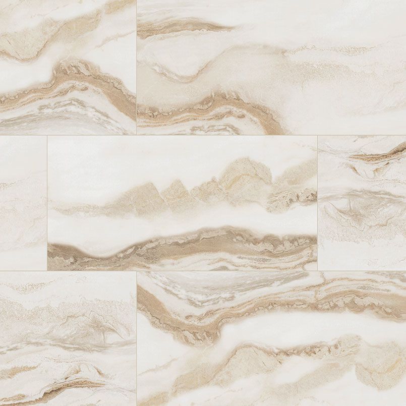Cream and beige marble-look tiles arranged in a pattern, with swirled veining.