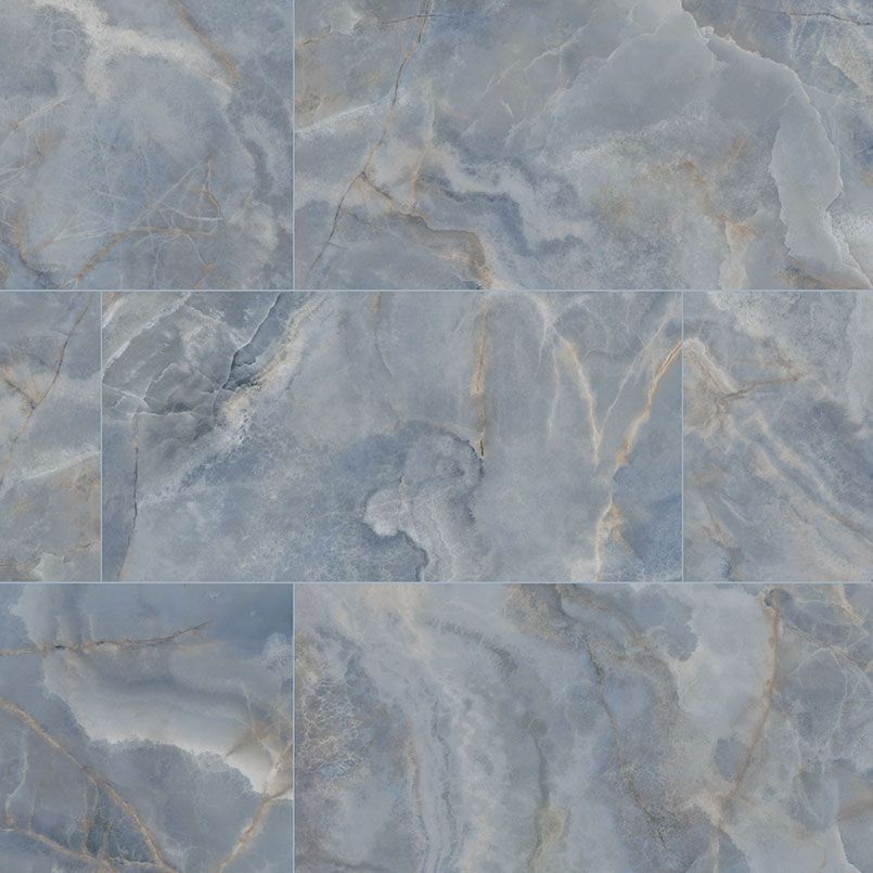 Blue marble tile flooring with gold and white veining.