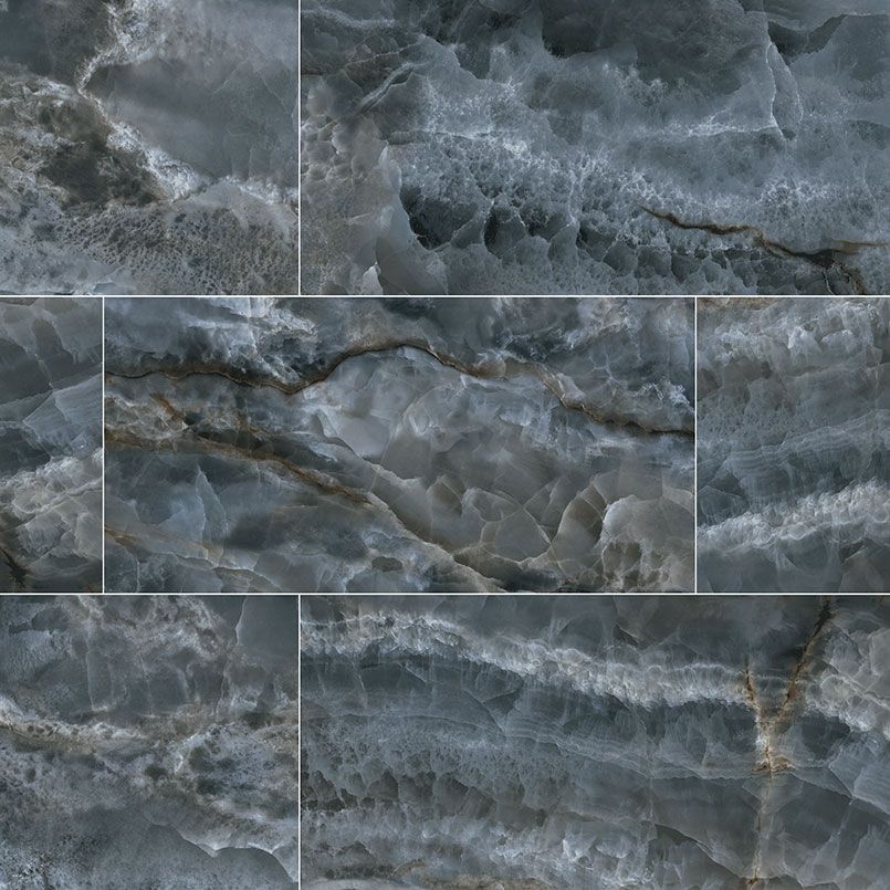 Blue marble-patterned tile with flowing veins and streaks. Rectangular tiles arranged in a grid.