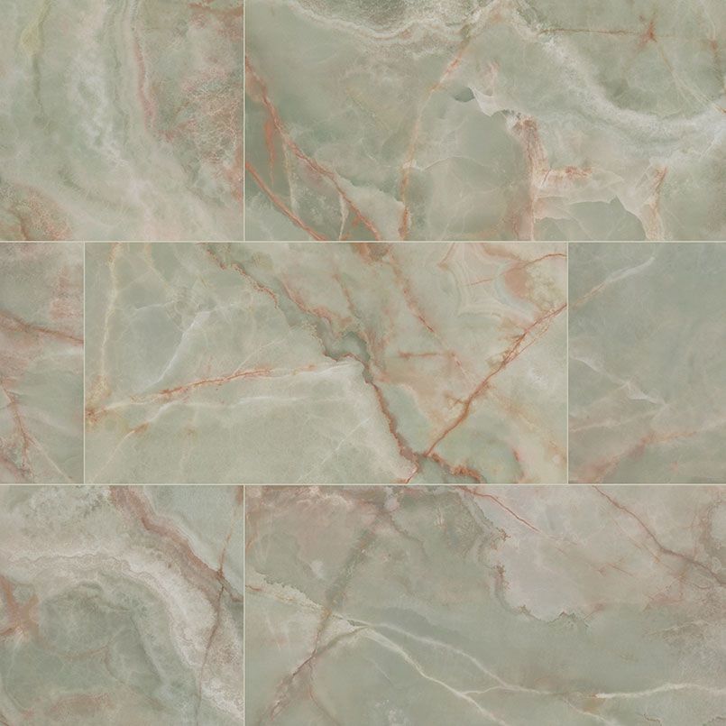 Green and tan marbled rectangular tiles.