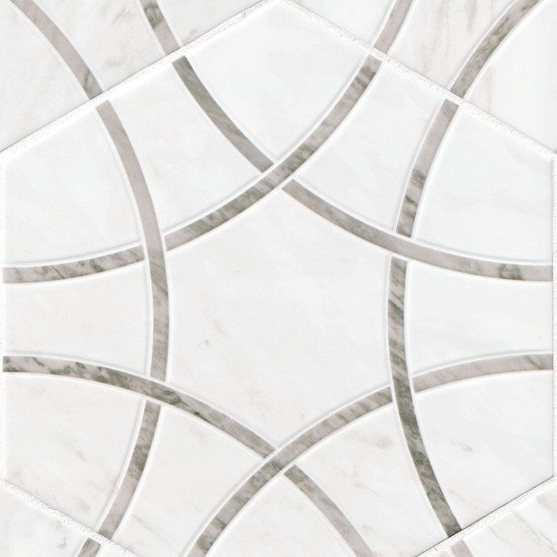 White and gray patterned tile with overlapping curved gray lines.