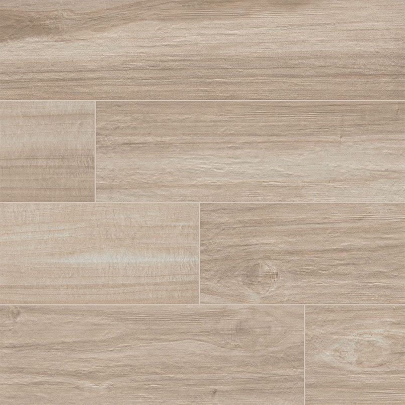 Light beige wood-look tile flooring, planks arranged horizontally.