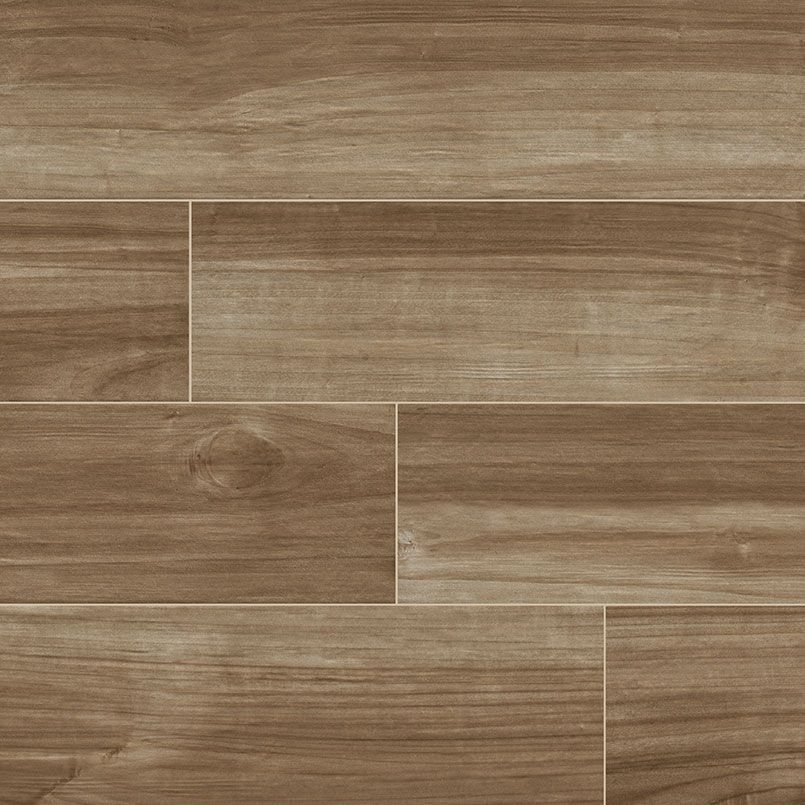 Wood-look tile flooring in shades of brown, with visible wood grain patterns.